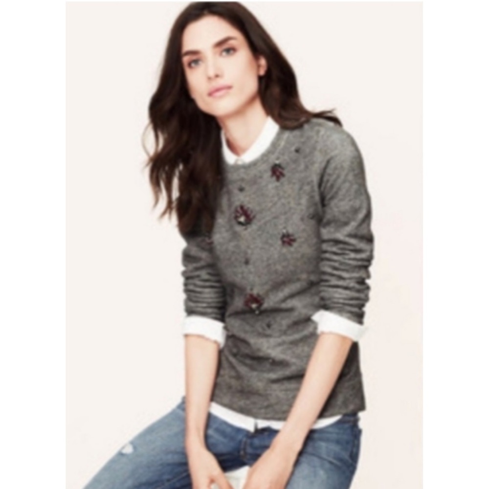 LOFT Gray Sweatshirt w/ Purple Rhinestones in the Front. EUC - Picture 3 of 7